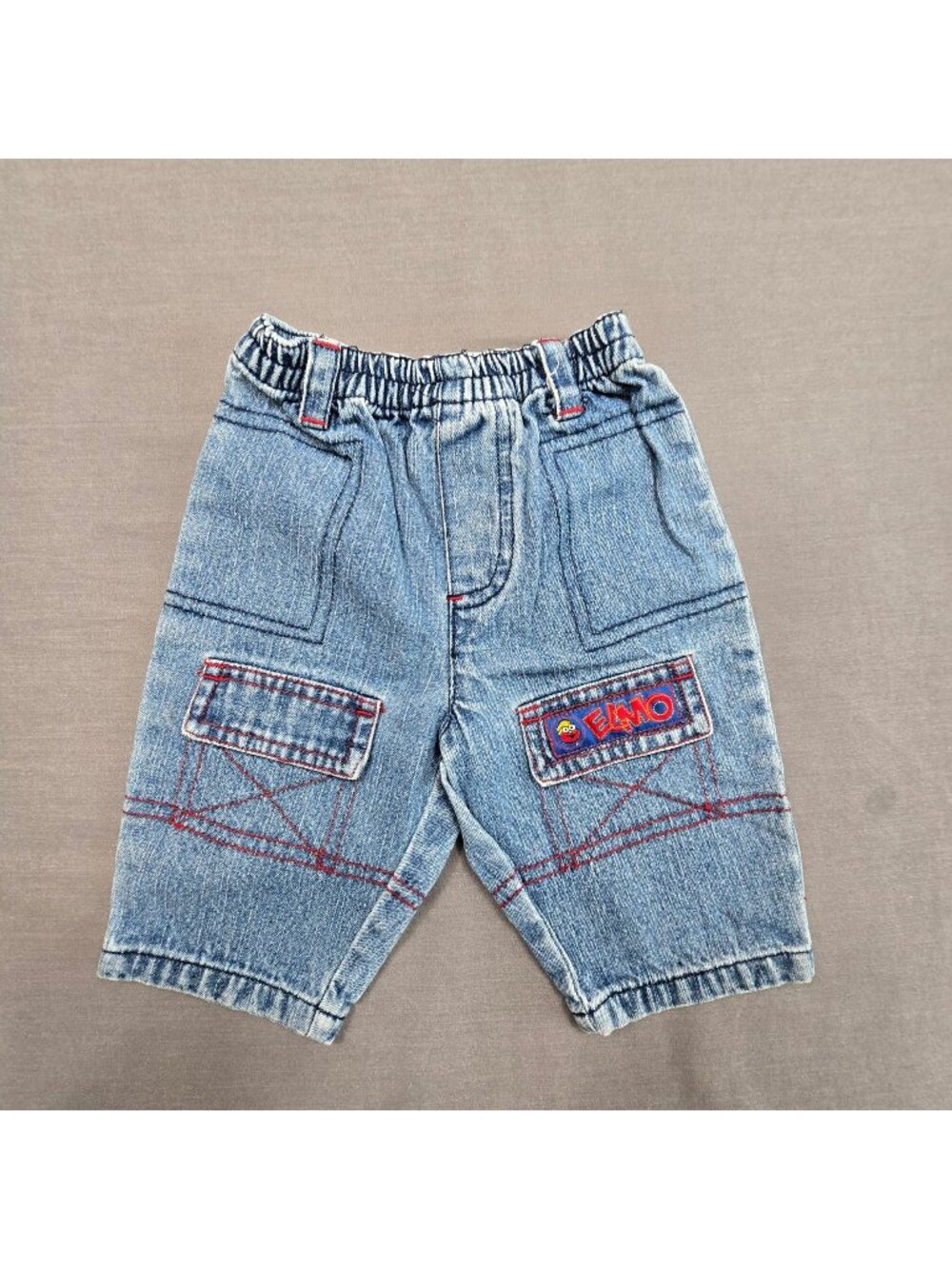 Vintage Sesame Street Elmo Boys 0-3M Denim Cargo Shorts Elmo Elastic Waist Blue